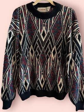 Vintage McGregor Coogi Inspired Geometric Knit Sweater Leather Accent